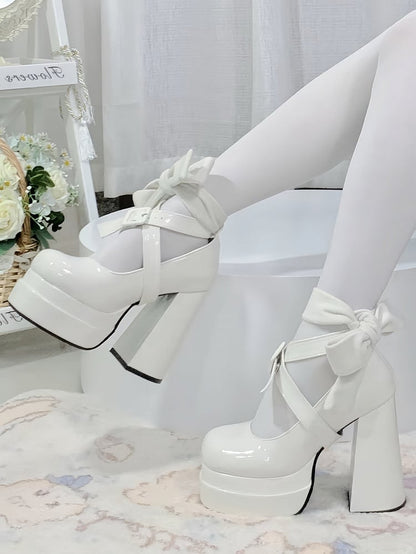 Platform Dual Ribbons White Heels Detachable Lolita - Straps Sophisticated High Block Buckle Crossed