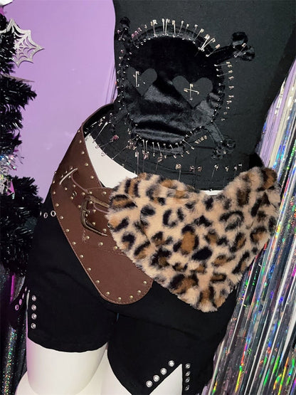 Brown Heart-shaped Leopard Plush Buckle Belt