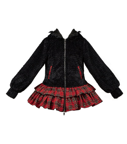Black Kitty Ears Hooded Plush Jacket Bodice and Red Plaid Skirt Hem Zip Placket Dress