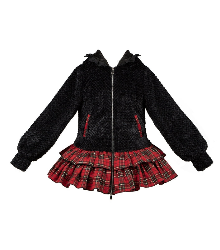 Black Kitty Ears Hooded Plush Jacket Bodice and Red Plaid Skirt Hem Zip Placket Dress