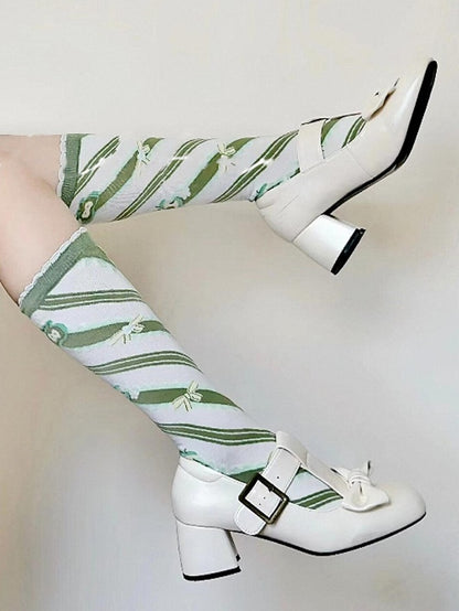 Apple Calf Socks Striped Bowknot Lolita Print Green Pattern