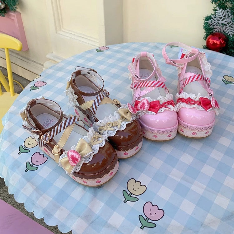 Platform Brown Sweet Strawberry Cake Shoes Jane Lolita Chocolate Mary