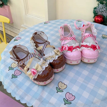 Platform Brown Sweet Strawberry Cake Shoes Jane Lolita Chocolate Mary