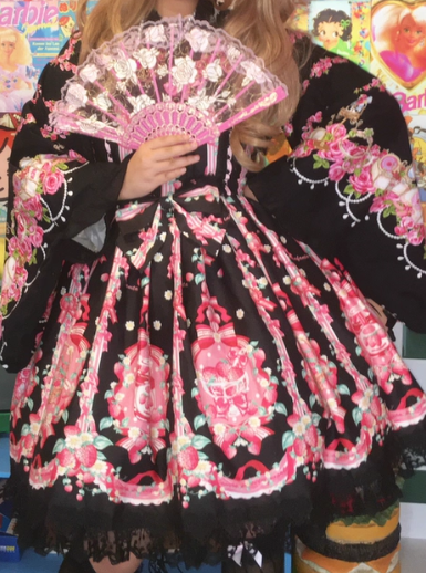 with shaped Pink Strawberry Heart Lace Lolita Dress Black Trim Sweet Print JSK