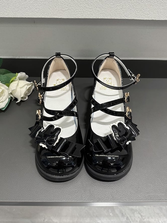 Round Heels Motif Bow Toe Black Sweet Leather Crisscross with - Mid Bunny PU Lolita Details