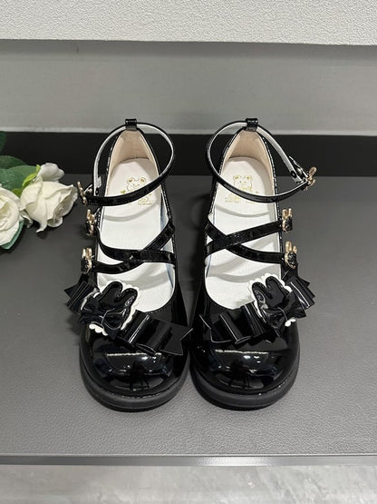 Round Heels Motif Bow Toe Black Sweet Leather Crisscross with - Mid Bunny PU Lolita Details