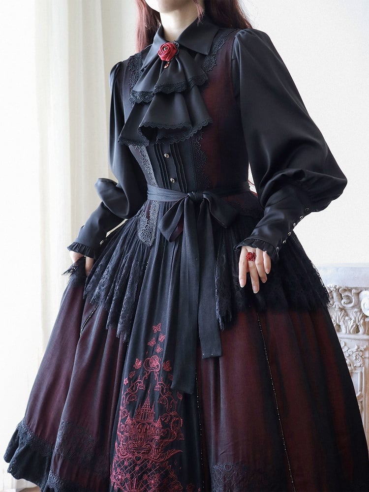 Sleeves Tie Pointed with Lolita Long Flat Jabot Black Gothic Blouse Collar