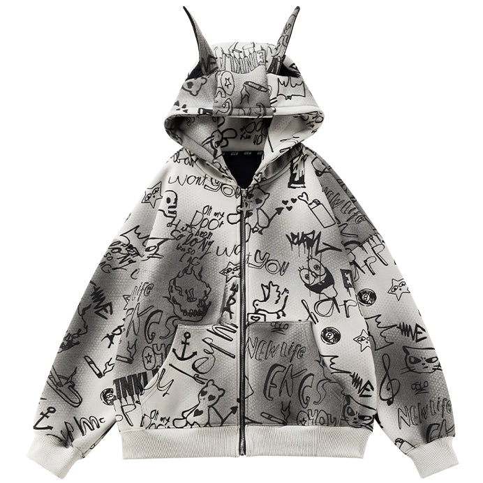 Grey Cartoon Graffiti Print Animal Ears Design Zip Hoodie