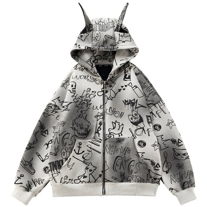 Grey Cartoon Graffiti Print Animal Ears Design Zip Hoodie