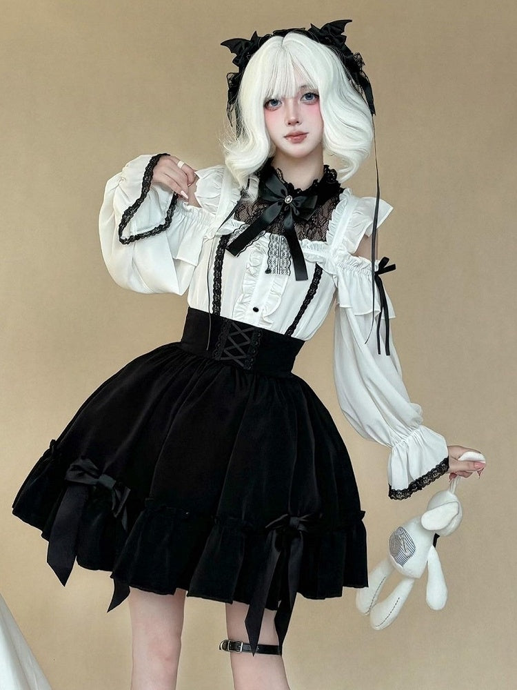 Gothic Monochrome Cutout Shoulder Top with Lace and Bow Embellishments - AMAHAKAWA