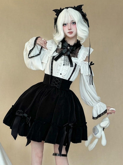 Gothic Monochrome Cutout Shoulder Top with Lace and Bow Embellishments - AMAHAKAWA