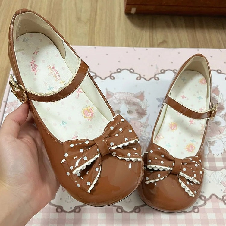 - Bow Brown Dot PU Polka Round Low Toe Lolita Buckle Sweet Bear Heels Accent