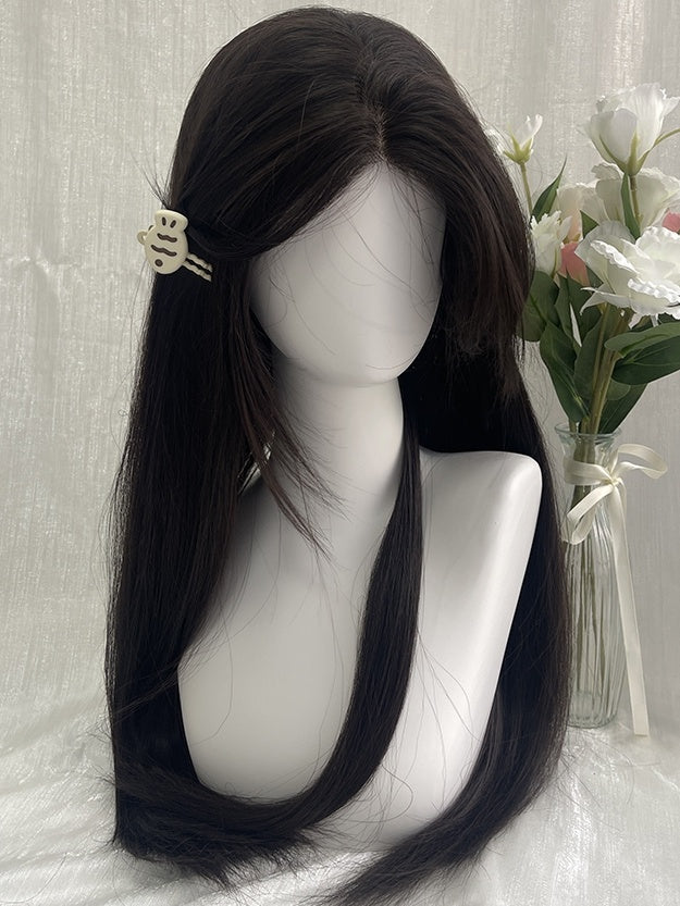 Schwarzer Tee, 70 cm, taillenlange, glatte Perücke mit Vorhangpony