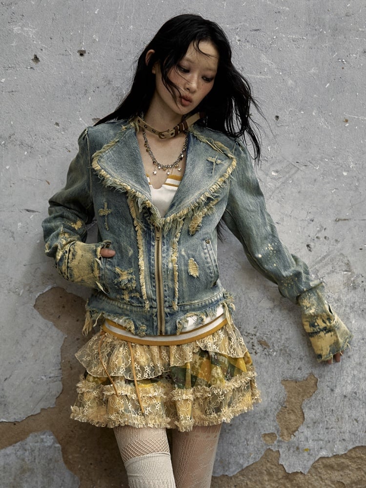 Vintage Punk Blau gewaschene Jeansjacke