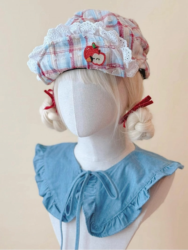 Beret Flipped Brim Red Embroidery Plaid and Applique Blue Apple with