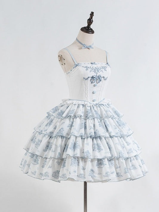 Blue & White Floral Print Lolita JSK with Bow Embellishments - CEL