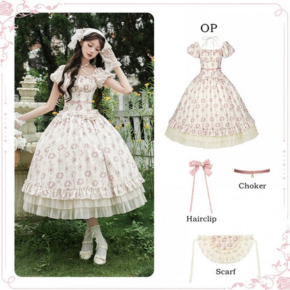 ロリータ エラスティックバージョンセット フルクラシック ロング ロゼットネックライン プリント スクエア OP
