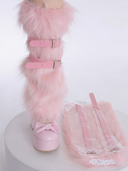 Buckles Warmers 40CM Pink/White Y2K with Pink Plush Leg Leather