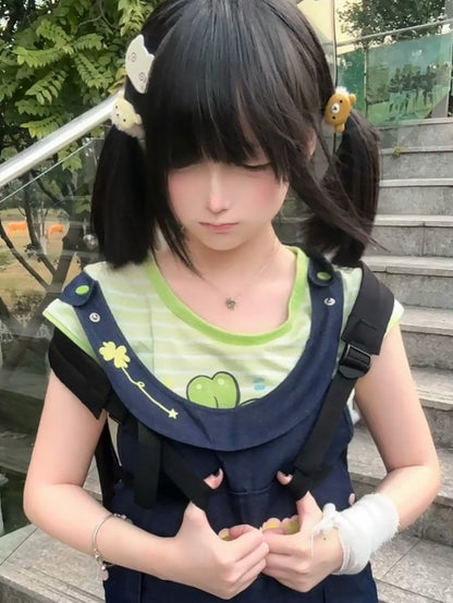 Green Motif Kawaii Pattern Stripe Frog Daily with T-shirt