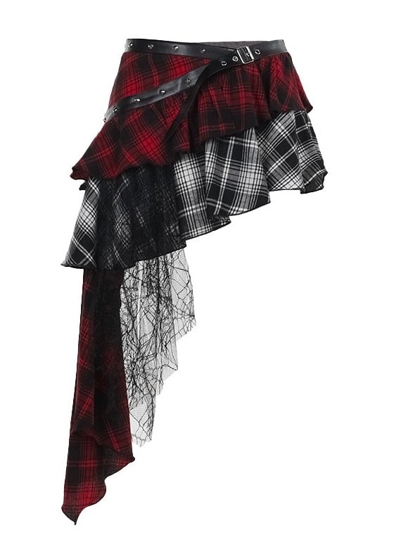 Asymmetrischer rot-weiß karierter Stufenrock mit kaskadierendem Spitzenrüschenbesatz