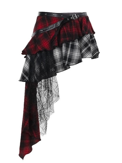 Asymmetrischer rot-weiß karierter Stufenrock mit kaskadierendem Spitzenrüschenbesatz