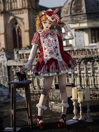 Clowncore Dress KC Printed Waist Lolita Detachable Belt Set Bow - Juliette Panel Red Sleeves + Stripes OP