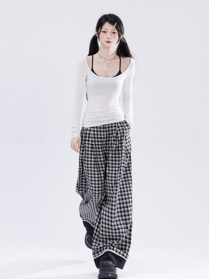 ブラックホワイトチェック柄ローウエストストレートレッグパンツ