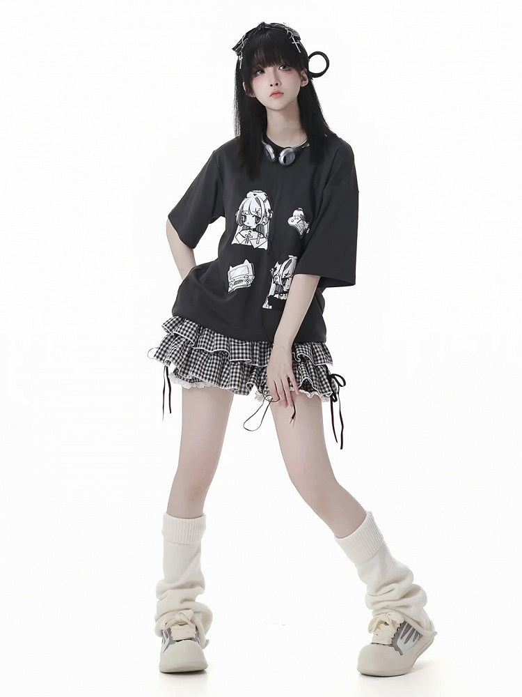 ブラック/チェック柄 ゴムウエスト ティアードスカート 裏地付き ブルマー