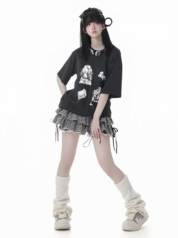 グレーTシャツ アニメガールプリント ホワイト/ダーク ラウンドネック コットン