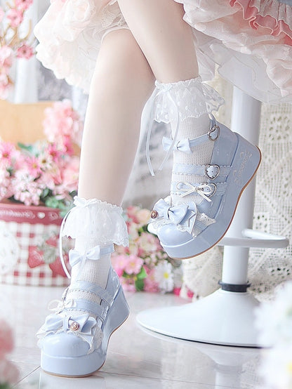 Kitten Blue Shoes Motifs Pattern with Platform Delicate Lolita Button-Embellished Striped Sweet Top Bow Mary in Jane