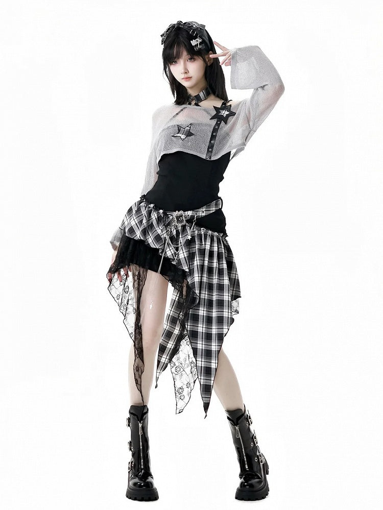 Coverup Schwarz/Grau Stern Distressed Löcher Punk Rock Strap Hohl-Out Cropped