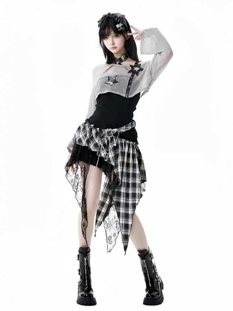 Rock Red/Black  White Plaid Mesh Strapless Dress Patches Handkerchief Hem Punk