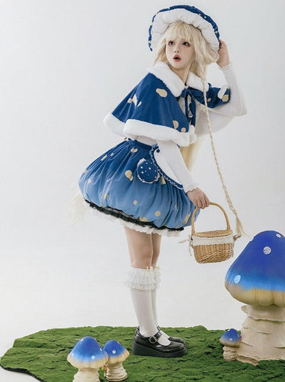 スカート帽子 + 小さな帽子 ハートアクセサリー + 大きなフリル + ケープ マッシュルーム + サスペンダー ファーブローチ帽子