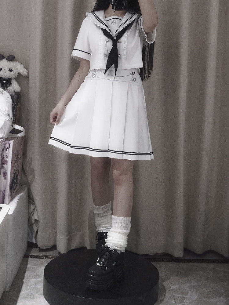 Pleated Sleeves White Navycore JK + Collar Short Skirt Uniform Sailor Set- Top