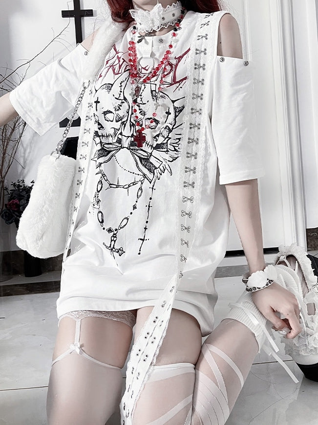 T-Shirt Weiß Cutout Schulter Design Punk Emo