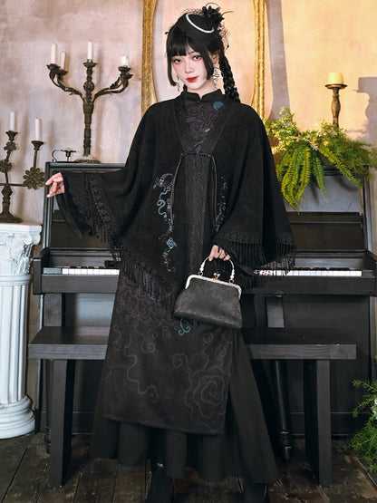 Y-Placket Embroidery Five-Poison Gothic Cape Black with Fringe Hem
