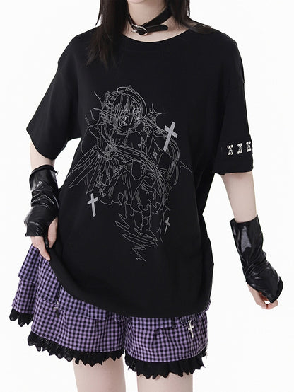 Print T-Shirt Angel Black Round Neck Reflective Cyber