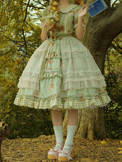 Dress Sleeves Bunny Overlay Puff with and Lolita Print Sunflower Green Hem Sweet Plaid