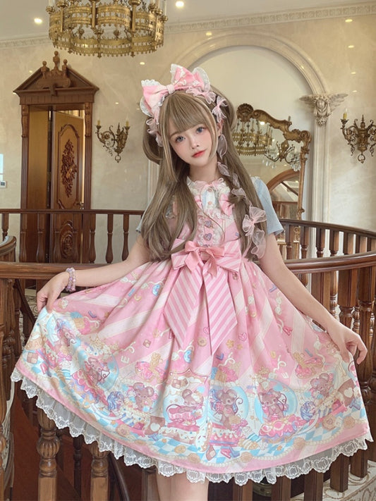 耳付きリボンピンクのビッグネックラインJSKスイートロリータドレス愛らしいマウスプリントマウスデザイン