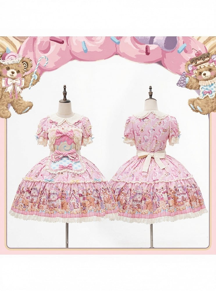 Bear Cake Theme Sweet Lolita OP Dress with Floral Print Skirt & Lace Trim - Mewroco