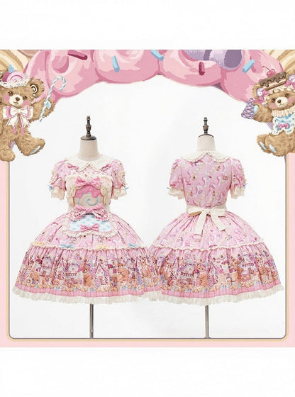 Bear Cake Theme Sweet Lolita OP Dress with Floral Print Skirt & Lace Trim - Mewroco