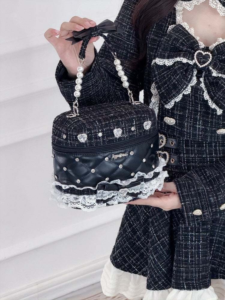 Black Jirai Kei Tweed PU Handbag with Lace Trim Detail - Puppet Bombs