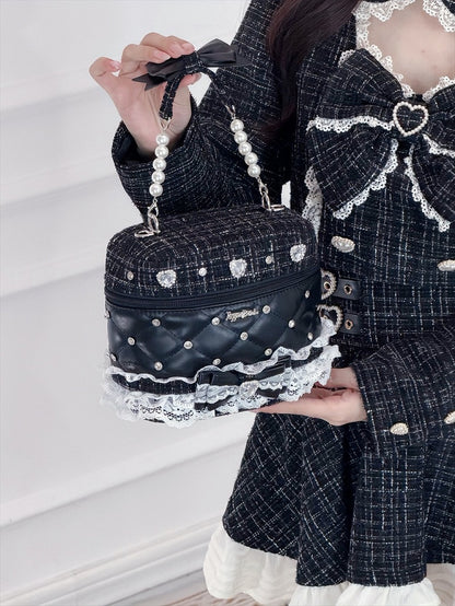 Black Jirai Kei Tweed PU Handbag with Lace Trim Detail - Puppet Bombs