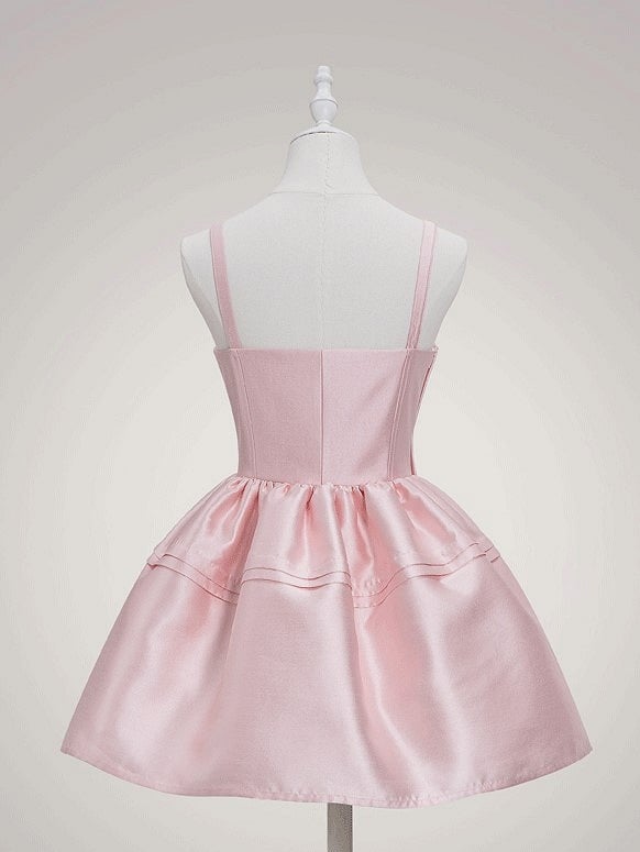 and Lolita Details with Sweet Basque Layered Lace Dress Pink Bow Waist