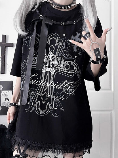 Ribbon Cross Print T-Shirtwith Bow Black NecklineWhite Cotton Gothic