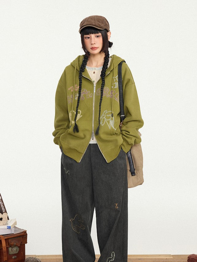 Print Zip Olive Hoodie Placket Kawaii Hood - Drawstring Green Letter Two-way