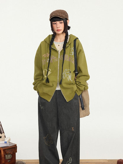 Print Zip Olive Hoodie Placket Kawaii Hood - Drawstring Green Letter Two-way