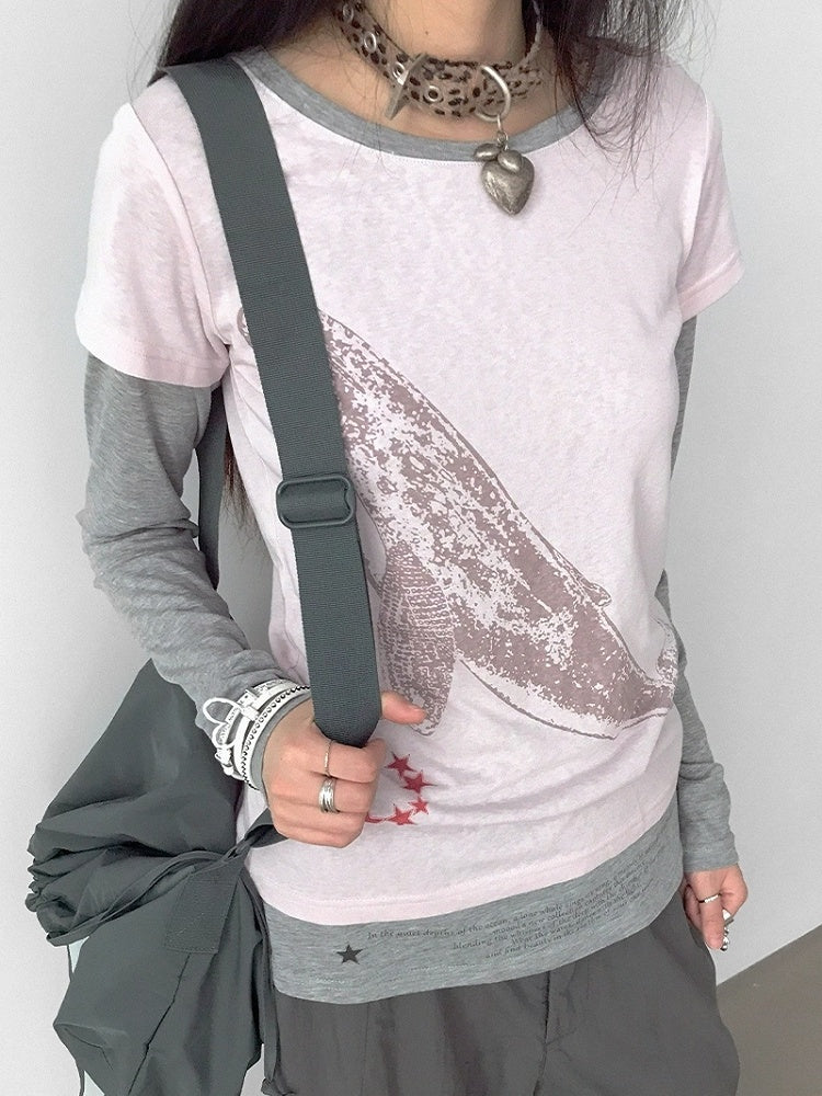 Top Pattern Grey Print Whale - Long Neck Two-piece Sleeve Pink Star Round