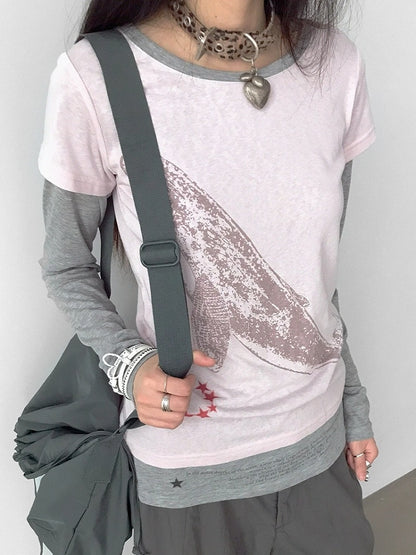 Top Pattern Grey Print Whale - Long Neck Two-piece Sleeve Pink Star Round