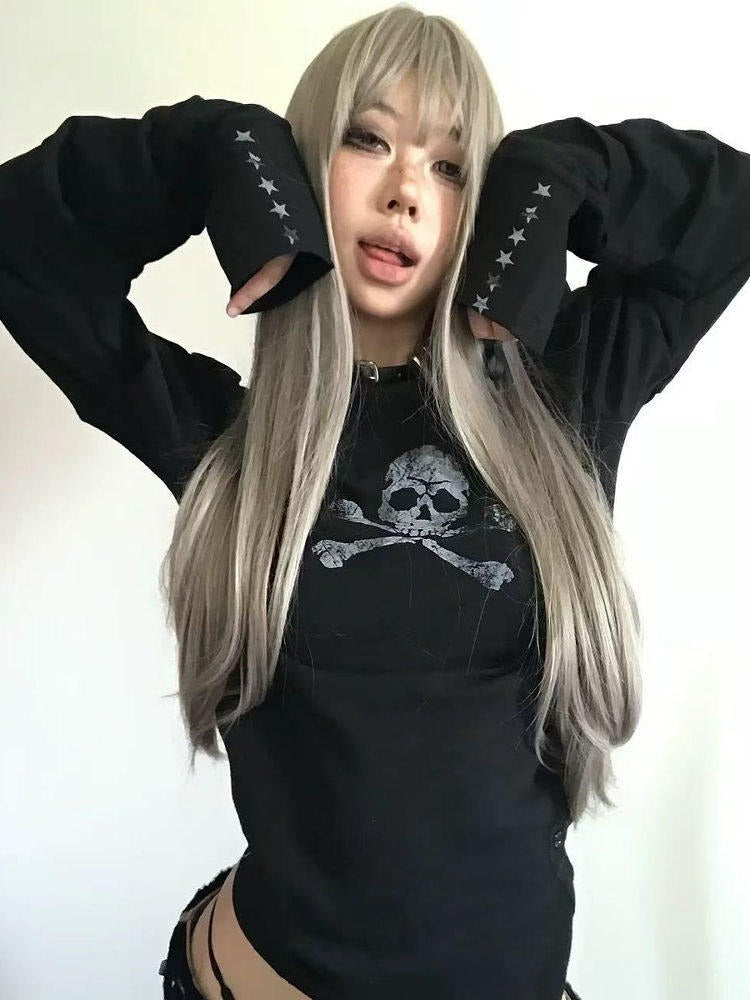Black Double Neckline Skull Star Print Long Sleeve Punk Top - DETW OnLine
